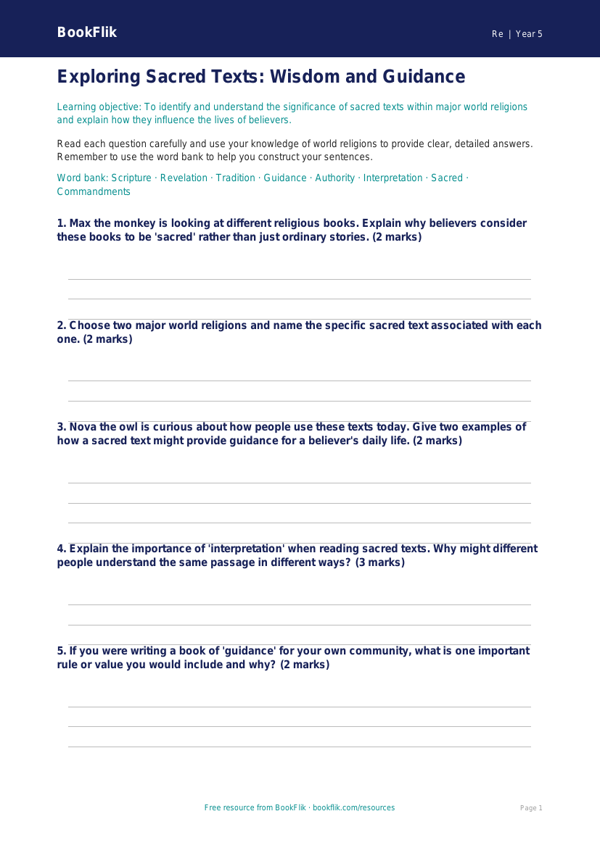 Sacred Texts Worksheet for Grade 4 | Social Studies | BookFlik worksheet preview — Re Sacred Texts