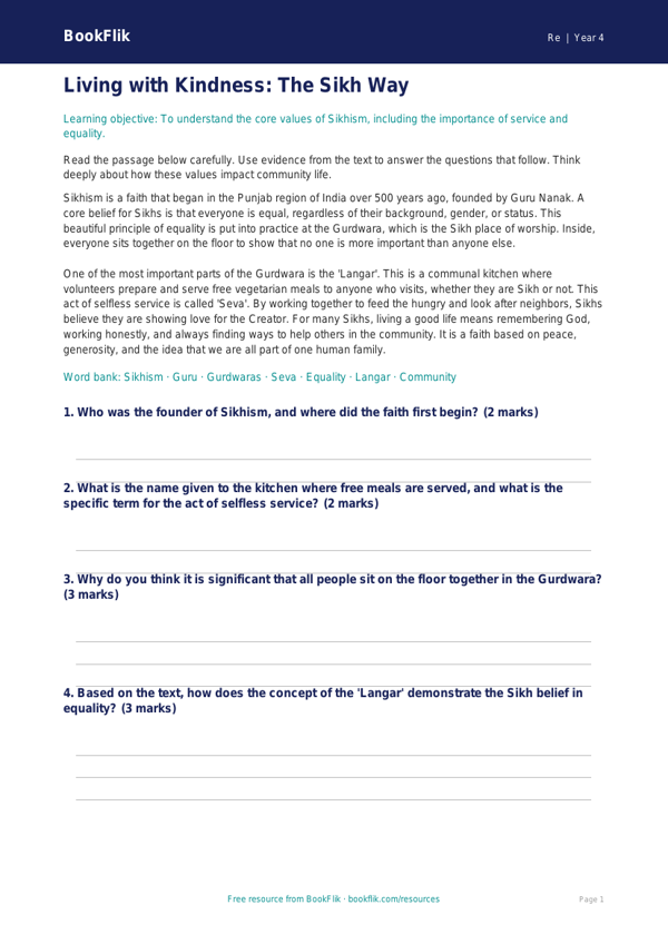 Free Sikhism Comprehension | Grade 3 | Social Studies | BookFlik worksheet preview — Re Sikhism