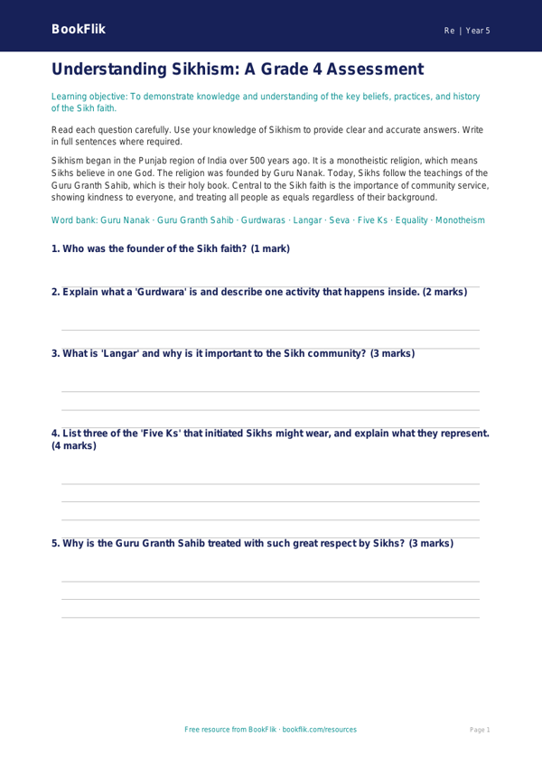 Free Sikhism Assessment | Grade 4 | Social Studies | BookFlik worksheet preview — Re Sikhism