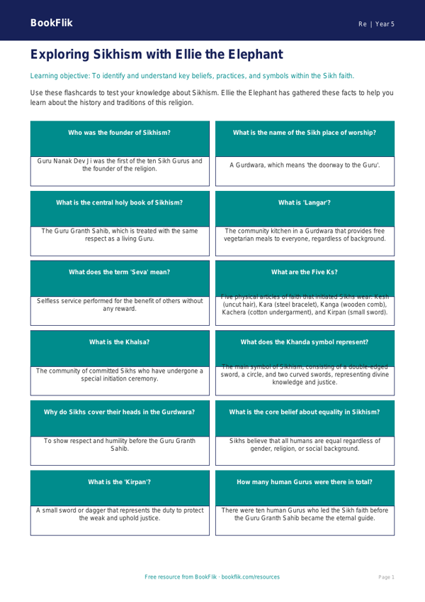 Free Sikhism Flashcards | Grade 4 | Social Studies | BookFlik worksheet preview — Re Sikhism