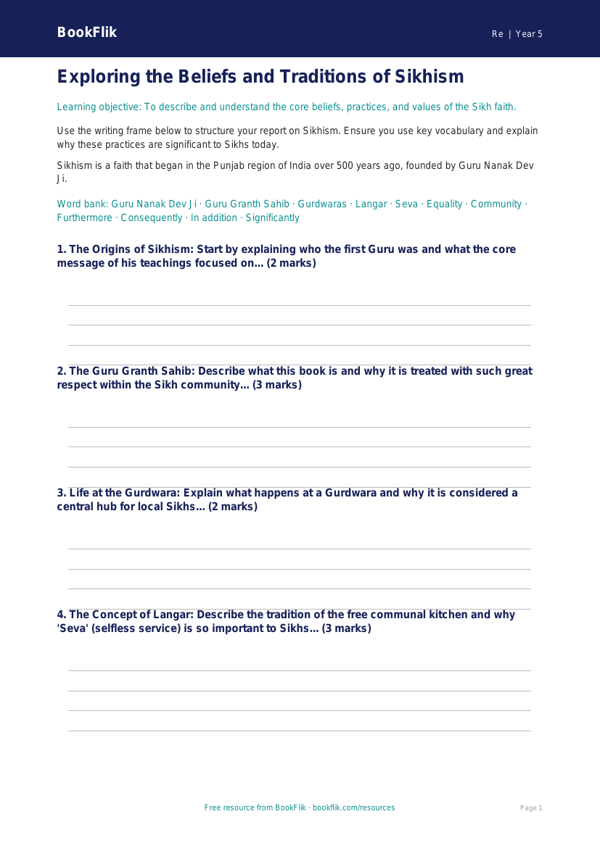 Free Sikhism Writing Frame | Grade 4 | Social Studies | BookFlik worksheet preview — Re Sikhism