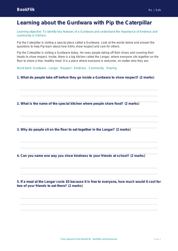 Free Sikhism Worksheet | Pre-K | Social Studies | BookFlik worksheet preview — Re Sikhism