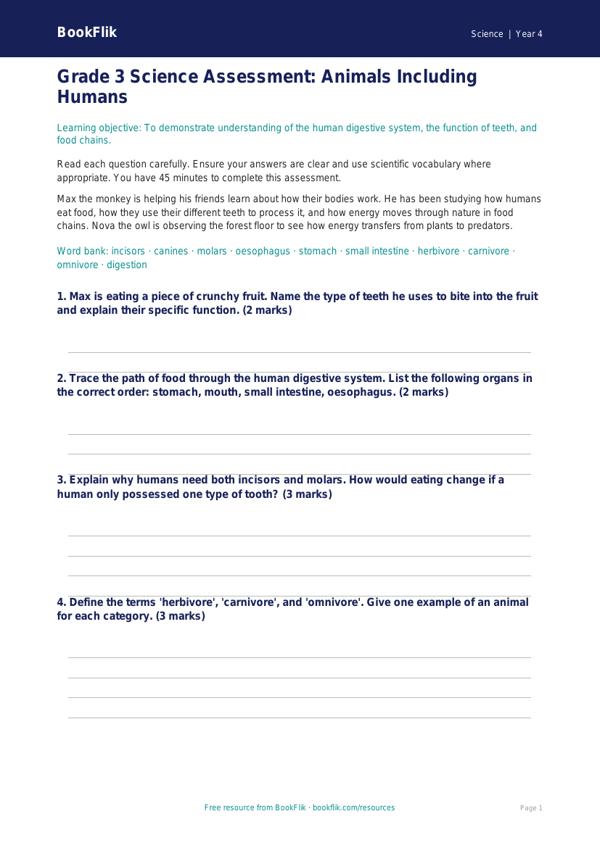 Science animals including humans assessment grade 3 greater depth worksheet preview — Science Animals Including Humans