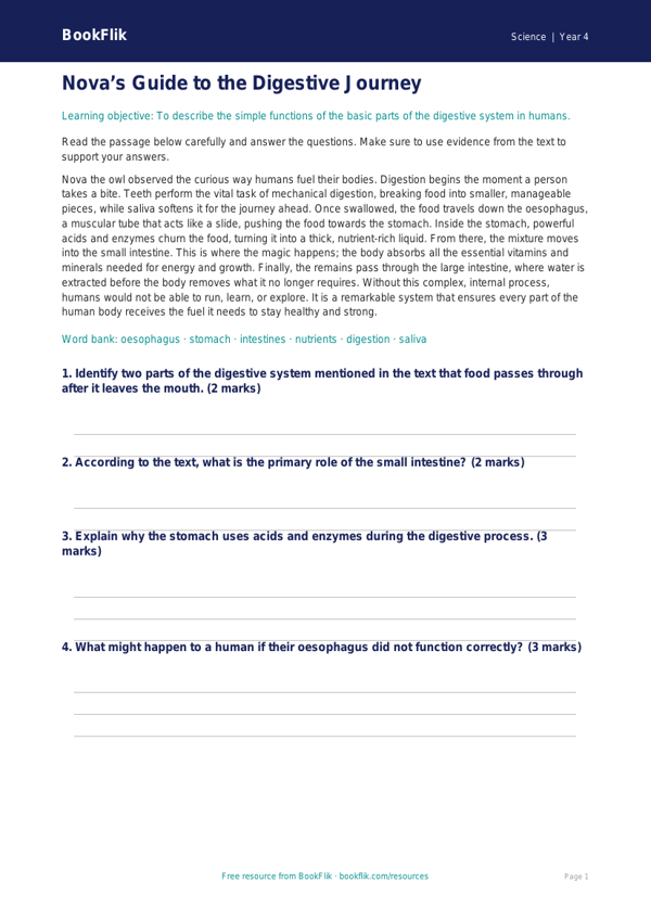 Free Animals Including Humans Comprehension | Grade 3 | Science | BookFlik worksheet preview — Science Animals Including Humans