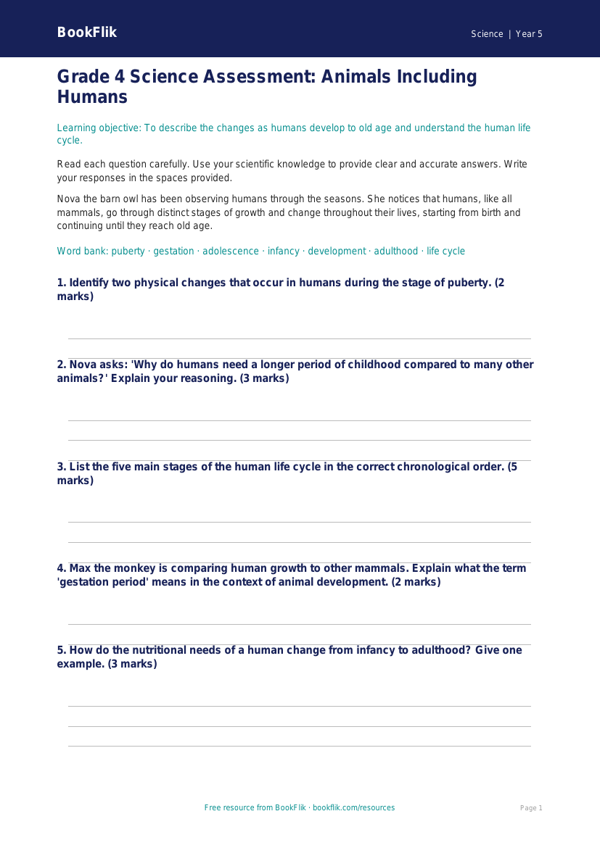 Free Animals Including Humans Assessment | Grade 4 | Science | BookFlik worksheet preview — Science Animals Including Humans