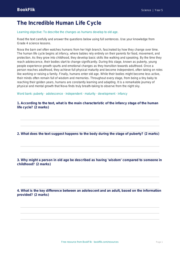 Free Animals Including Humans Comprehension | Grade 4 | Science | BookFlik worksheet preview — Science Animals Including Humans