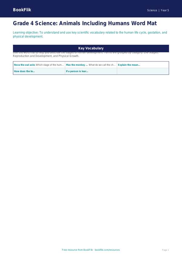 Free Animals Including Humans Word Mat | Grade 4 | Science | BookFlik worksheet preview — Science Animals Including Humans