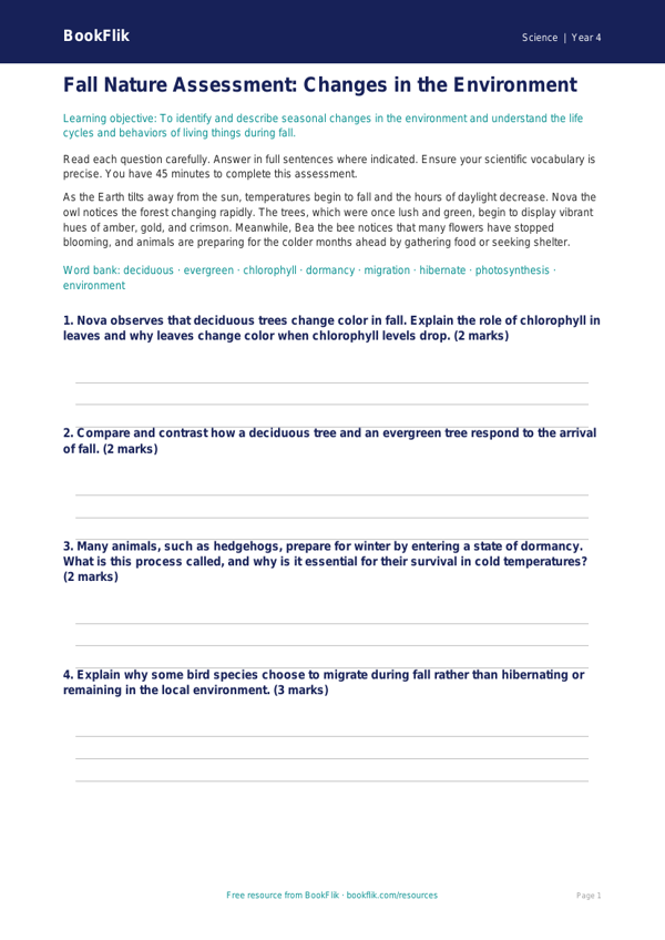 Free Autumn Science Assessment | Grade 3 | Science | BookFlik worksheet preview — Science Autumn Science