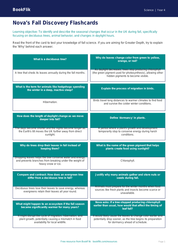 Free Autumn Science Flashcards | Grade 3 | Science | BookFlik worksheet preview — Science Autumn Science