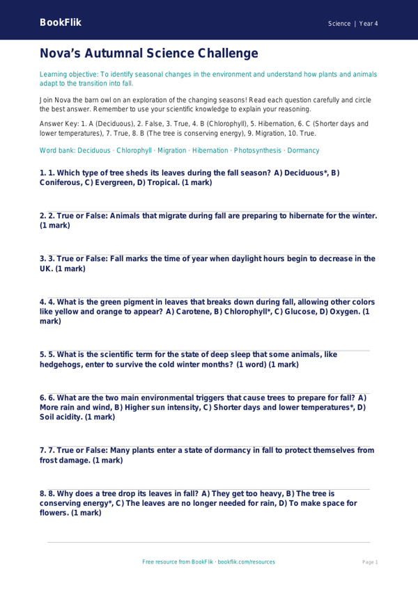 Free Autumn Science Quiz | Grade 3 | Science | BookFlik worksheet preview — Science Autumn Science