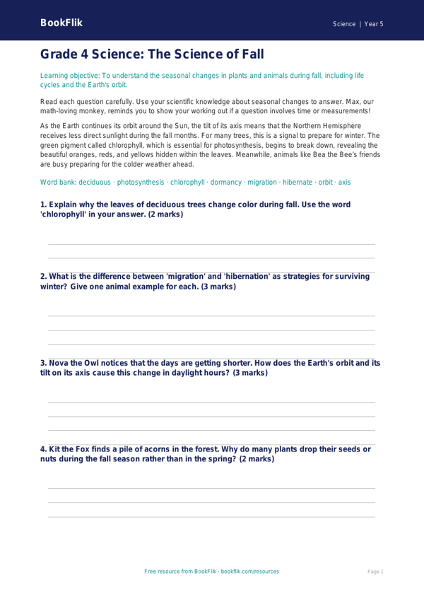 Free Autumn Science Assessment | Grade 4 | Science | BookFlik worksheet preview — Science Autumn Science
