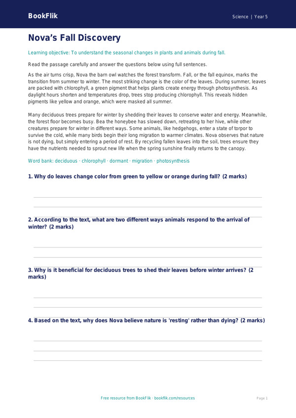 Free Autumn Science Comprehension | Grade 4 | Science | BookFlik worksheet preview — Science Autumn Science