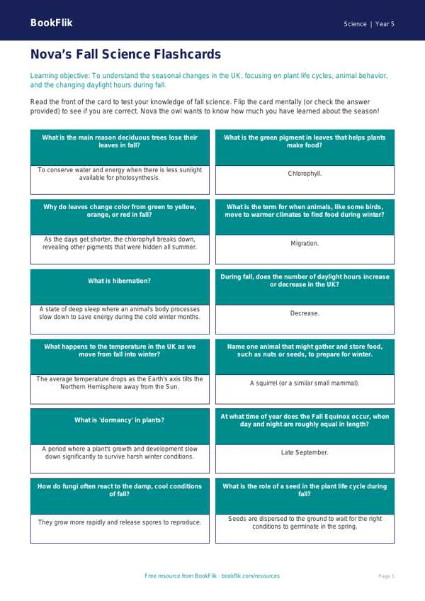 Free Autumn Science Flashcards | Grade 4 | Science | BookFlik worksheet preview — Science Autumn Science