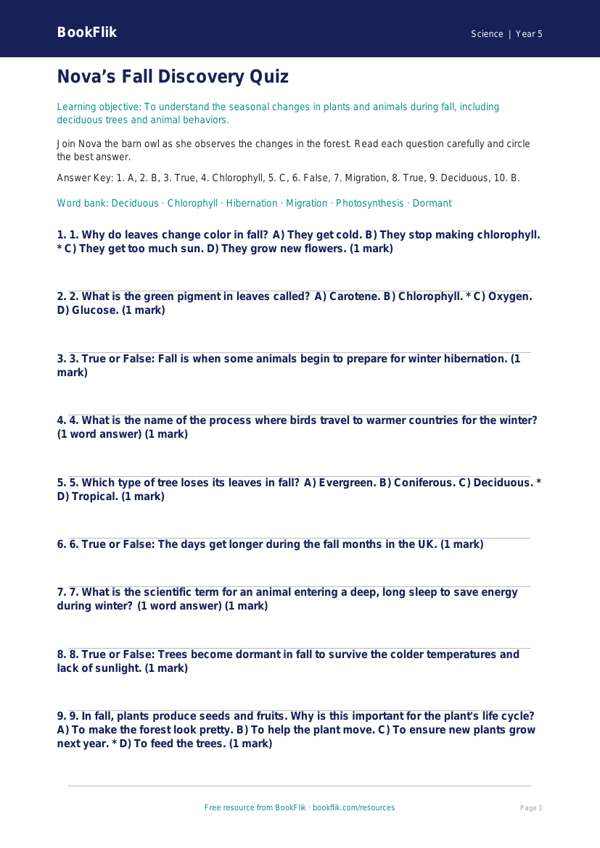 Free Autumn Science Quiz | Grade 4 | Science | BookFlik worksheet preview — Science Autumn Science