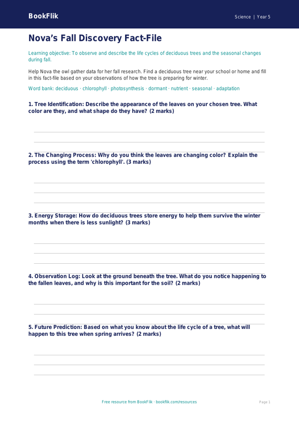Free Autumn Science Template | Grade 4 | Science | BookFlik worksheet preview — Science Autumn Science