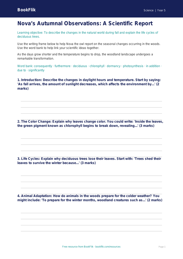 Free Autumn Science Writing Frame | Grade 4 | Science | BookFlik worksheet preview — Science Autumn Science