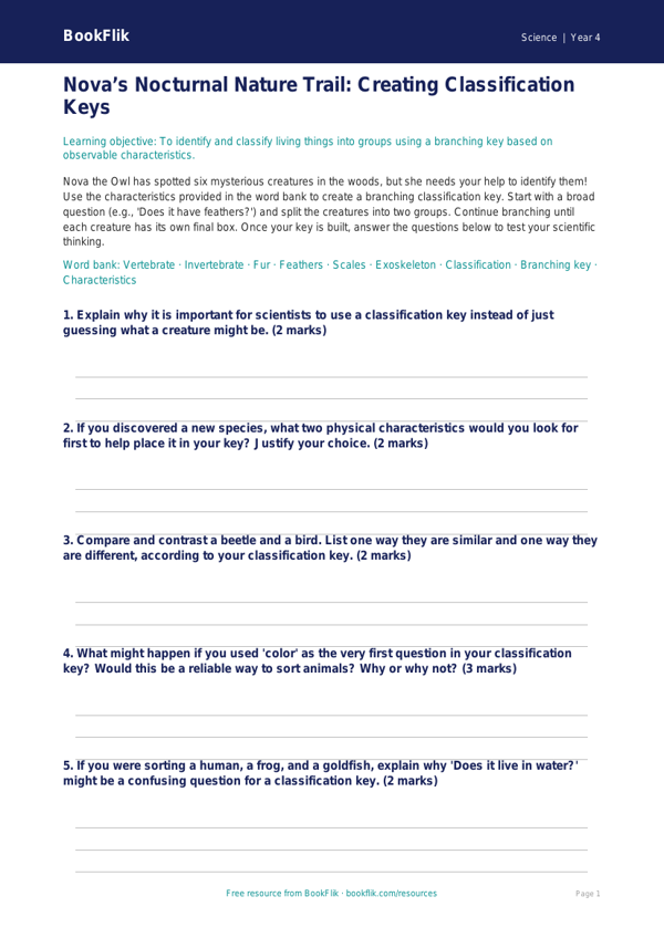 Free Classification Keys Activity Sheet | Grade 3 | Science | BookFlik worksheet preview — Science Classification Keys
