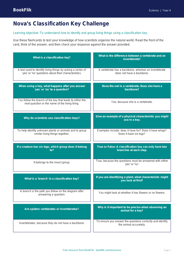 Free Classification Keys Flashcards | Grade 3 | Science | BookFlik worksheet preview — Science Classification Keys