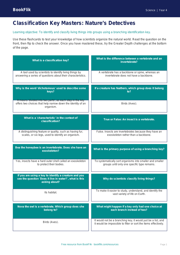 Free Classification Keys Flashcards | Grade 3 | Science | BookFlik worksheet preview โ Science Classification Keys