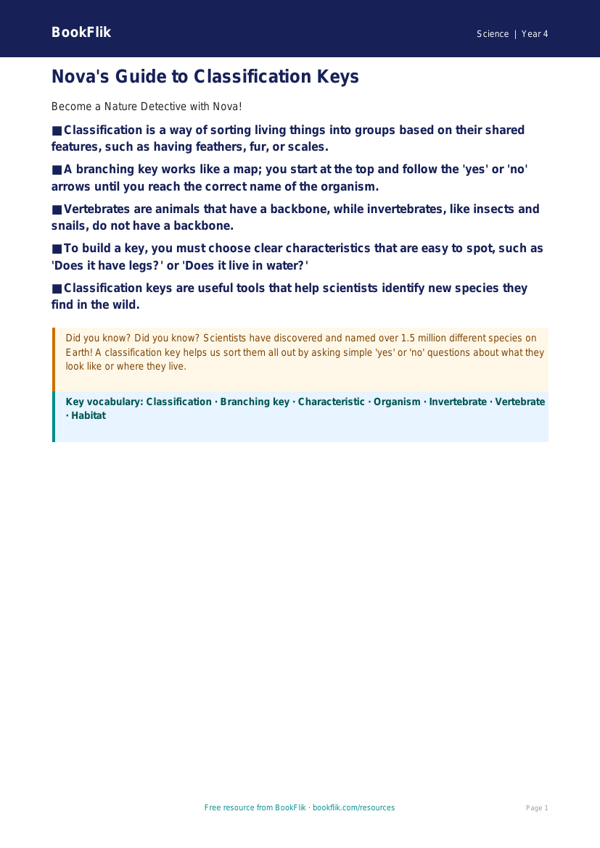 Free Classification Keys Poster | Grade 3 | Science | BookFlik worksheet preview — Science Classification Keys