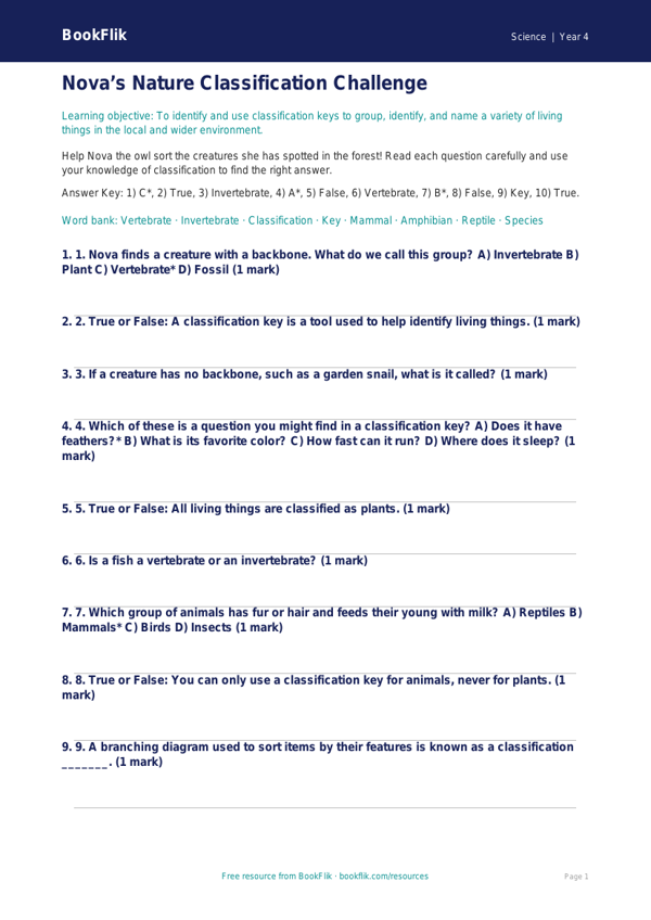Free Classification Keys Quiz | Grade 3 | Science | BookFlik worksheet preview — Science Classification Keys