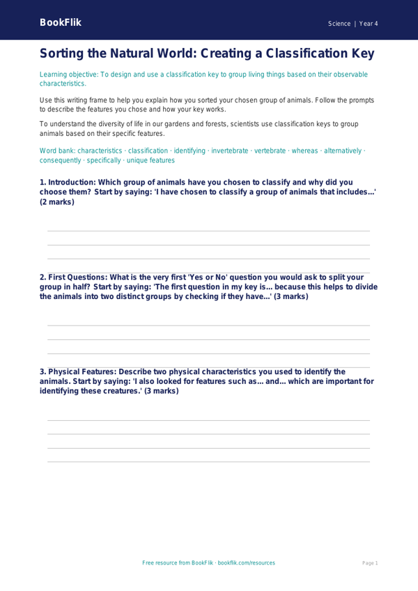 Free Classification Keys Writing Frame | Grade 3 | Science | BookFlik worksheet preview — Science Classification Keys