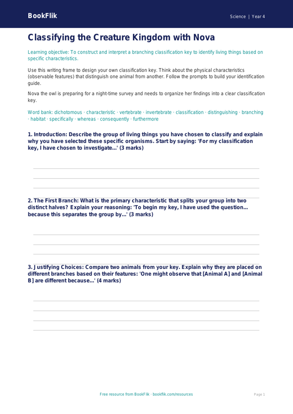 Free Classification Keys Writing Frame | Grade 3 | Science | BookFlik worksheet preview — Science Classification Keys