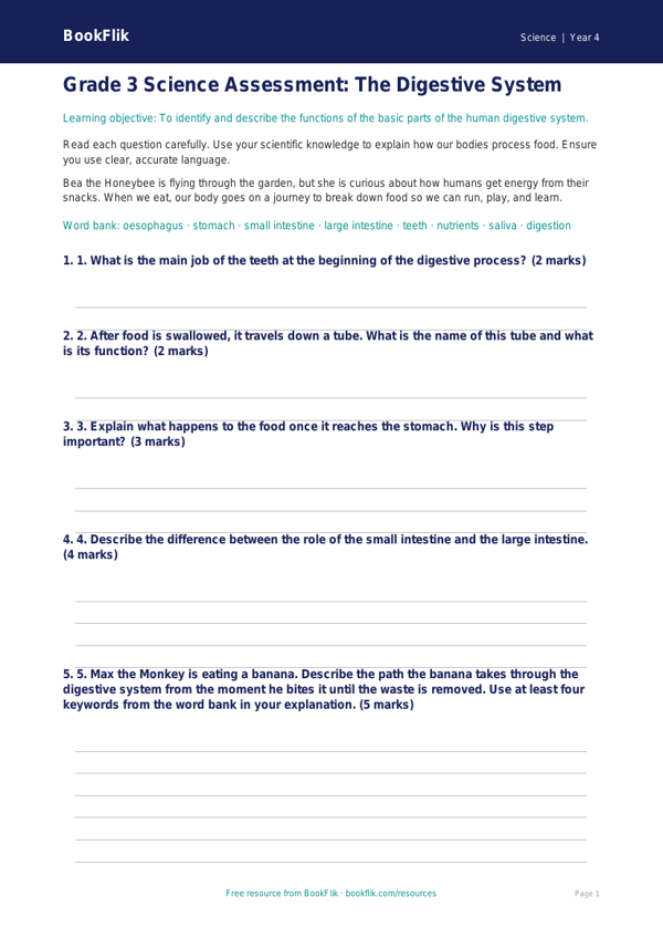 Free Digestion Assessment | Grade 3 | Science | BookFlik worksheet preview — Science Digestion
