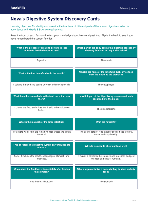 Free Digestion Flashcards | Grade 3 | Science | BookFlik worksheet preview — Science Digestion