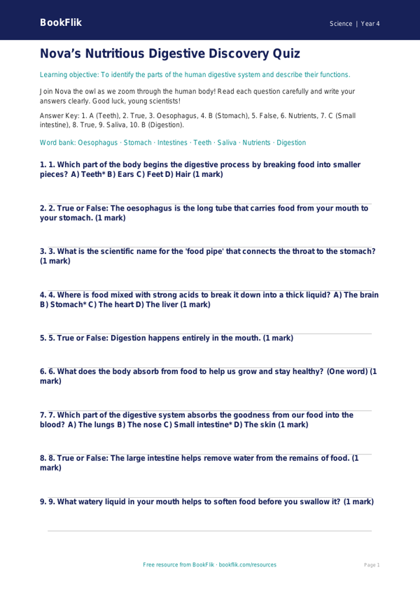 Free Digestion Quiz | Grade 3 | Science | BookFlik worksheet preview — Science Digestion