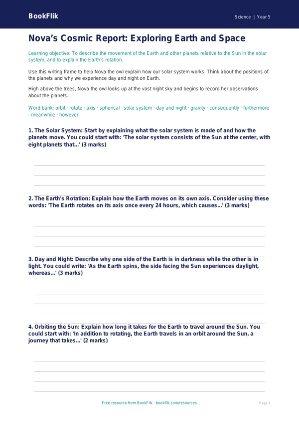 Free Earth And Space Writing Frame | Grade 4 | Science | BookFlik worksheet preview — Science Earth And Space