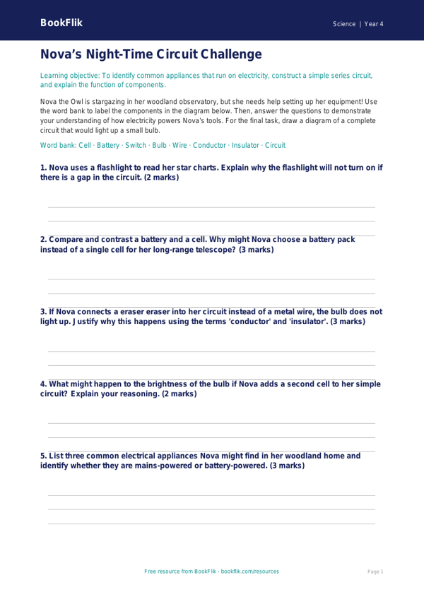 Free Electricity Activity Sheet | Grade 3 | Science | BookFlik worksheet preview — Science Electricity