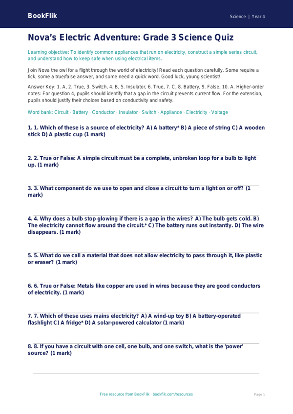 Science electricity quiz grade 3 greater depth worksheet preview — Science Electricity