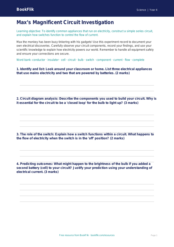 Science electricity template grade 3 greater depth worksheet preview — Science Electricity