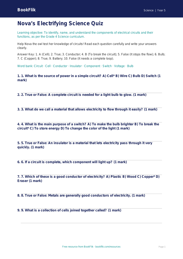 Free Electricity Quiz | Grade 4 | Science | BookFlik worksheet preview — Science Electricity