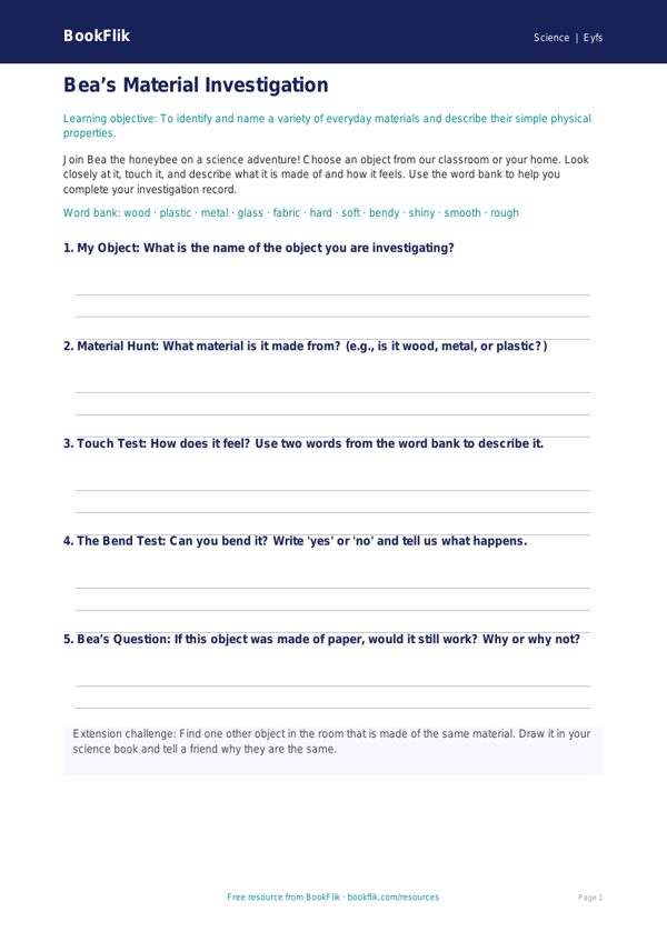 Free Everyday Materials Template | Pre-K | Science | BookFlik worksheet preview — Science Everyday Materials