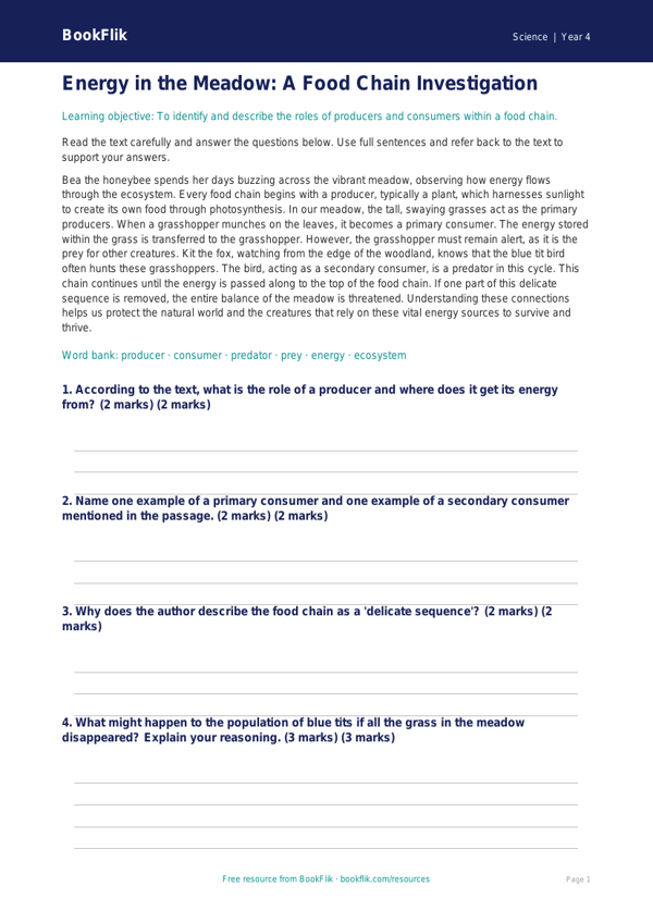 Free Food Chains Comprehension | Grade 3 | Science | BookFlik worksheet preview — Science Food Chains