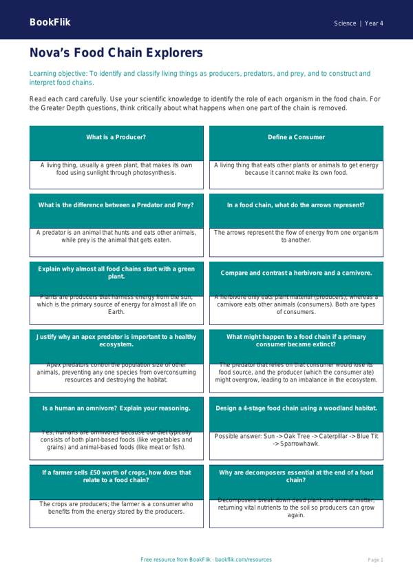 Free Food Chains Flashcards | Grade 3 | Science | BookFlik worksheet preview — Science Food Chains