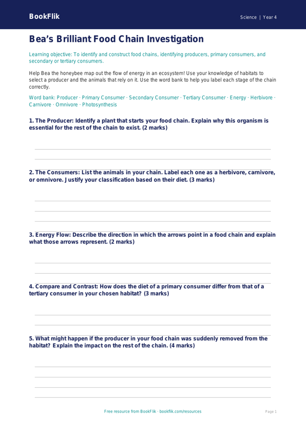Free Food Chains Template | Grade 3 | Science | BookFlik worksheet preview — Science Food Chains