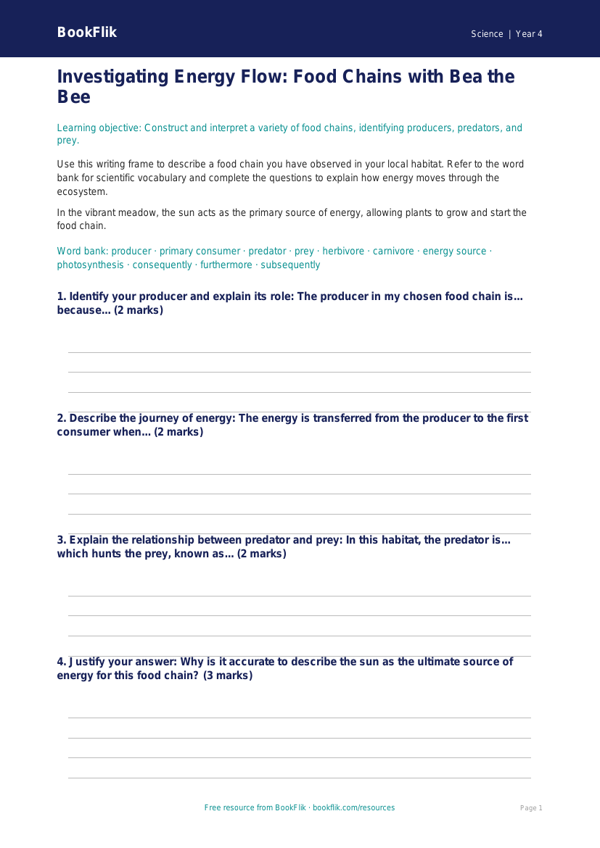 Free Food Chains Writing Frame | Grade 3 | Science | BookFlik worksheet preview — Science Food Chains