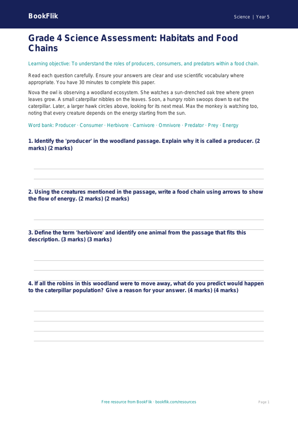 Free Food Chains Assessment | Grade 4 | Science | BookFlik worksheet preview — Science Food Chains