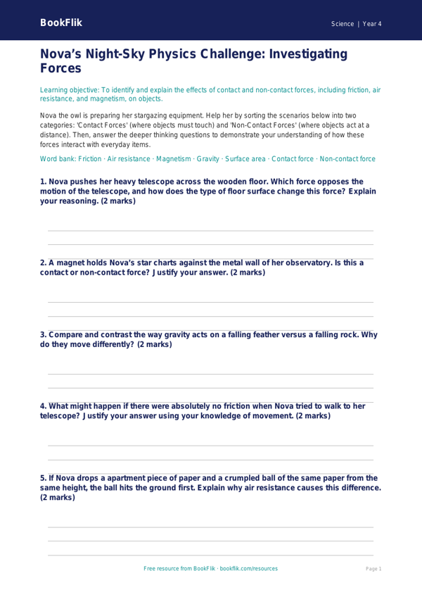 Free Forces Activity Sheet | Grade 3 | Science | BookFlik worksheet preview — Science Forces