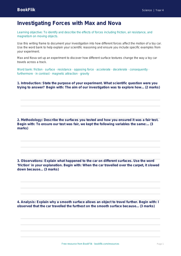 Free Forces Writing Frame | Grade 3 | Science | BookFlik worksheet preview — Science Forces