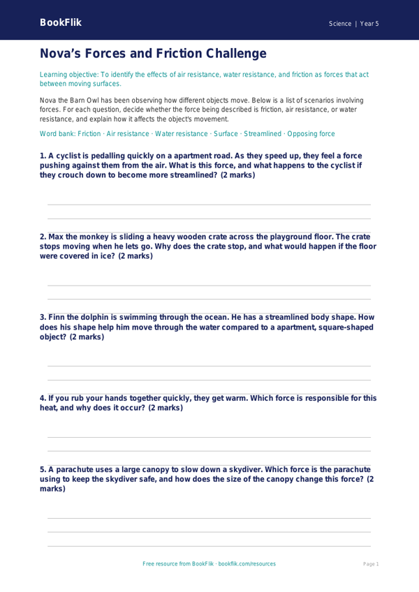 Free Forces Activity Sheet | Grade 4 | Science | BookFlik worksheet preview — Science Forces