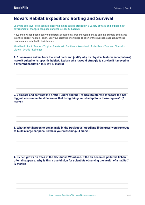 Free Habitats Activity Sheet for Grade 3 Science | BookFlik worksheet preview — Science Habitats