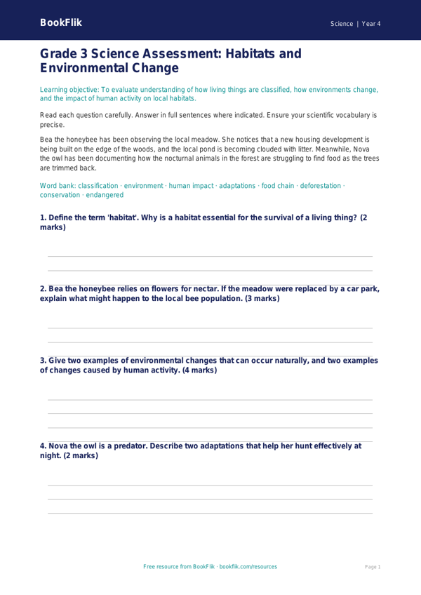 Free Habitats Assessment | Grade 3 | Science | BookFlik worksheet preview — Science Habitats