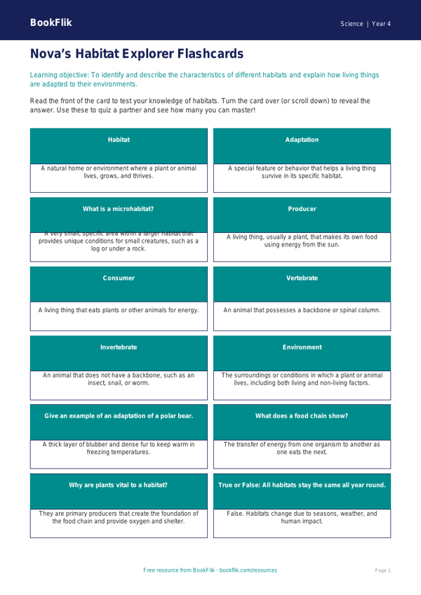 Free Habitats Flashcards | Grade 3 | Science | BookFlik worksheet preview — Science Habitats