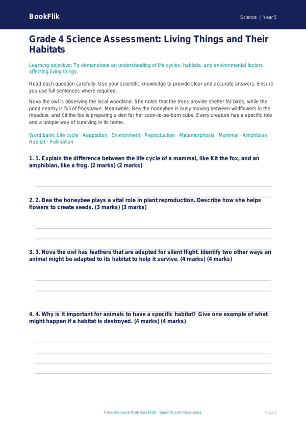 Free Habitats Assessment | Grade 4 | Science | BookFlik worksheet preview — Science Habitats