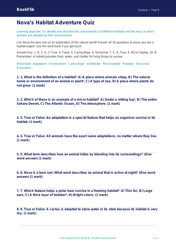 Free Habitats Quiz | Grade 4 | Science | BookFlik worksheet preview — Science Habitats