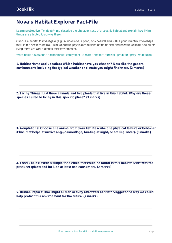Free Habitats Template | Grade 4 | Science | BookFlik worksheet preview — Science Habitats